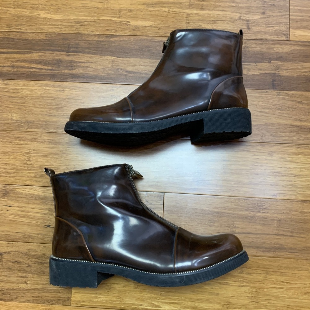 Electric Karma Ally Brown Front Zip Patent Ankle Boots Women 10 Cap Toe Lug Sole